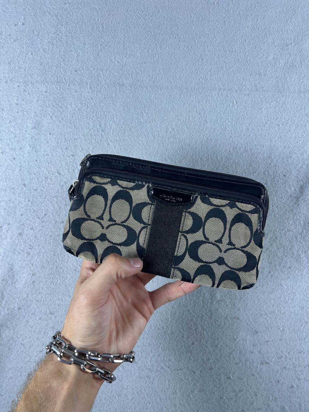 Coach Wristlet Wallet Womens Small Black Signature C Canvas Zip Clutch Pouch